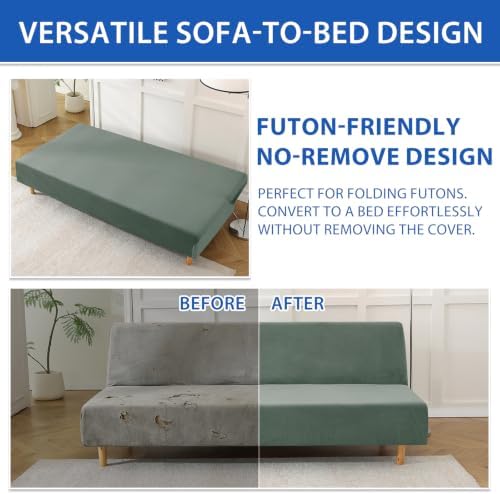 XINEAGE Velvet Armless Futon Cover, Stretch Pet Futon Slipcover, Pea Green - Image 6