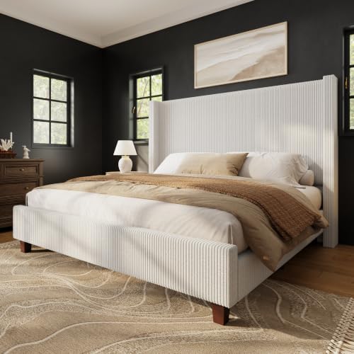 HOWE California King Upholstered Bed Frame, Tall Corduroy Headboard by HOWE