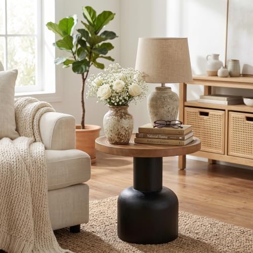 Round Side Table, Reclaimed Pine Wood Top, Circle Texture - Image 2