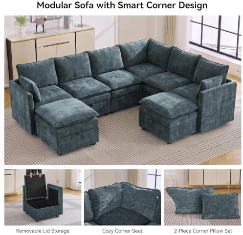 105" Blue Modular Storage Sofa, U Shaped Chenille Couch - Image 6