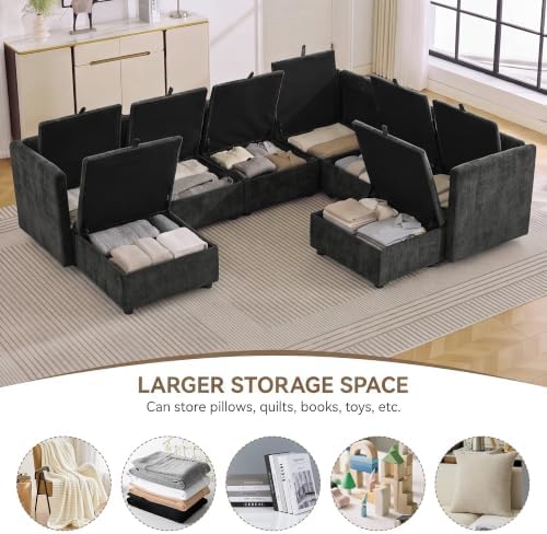 105" Dark Grey Modular Storage Sofa, U Shaped Chenille Couch - Image 3