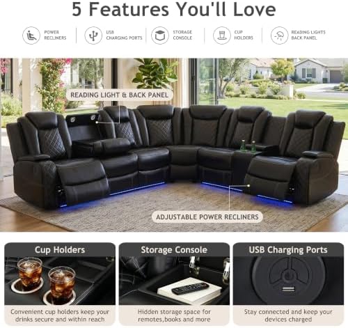 Power Recliner Sectional Sofa, L-Shaped Living Room Furniture Set, Reclining - Image 3