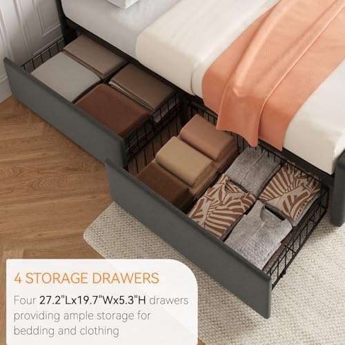 IDEALHOUSE Full Bed Frame with 4 Storage Drawers and Headboard, Light Grey - Image 5