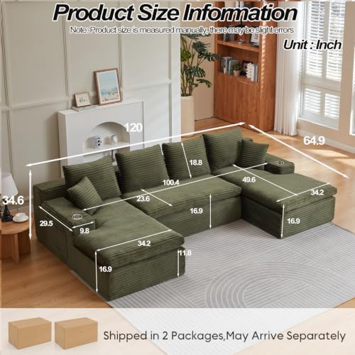 120" Modular Sectional Sofa, U Shaped Boneless Cloud Couch Green - Image 2