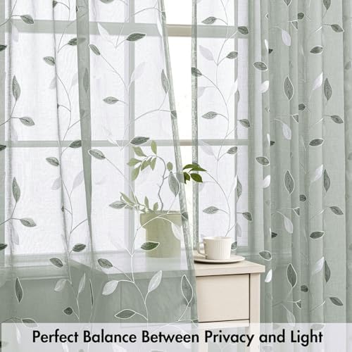 MIULEE Sage Sheer Curtains 2 Panels Embroidered Leaf Patterned, W52 x L96 - Image 5
