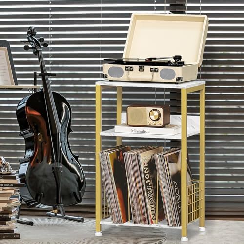 LELELINKY Side Table, 3 Tier Industrial Wooden Record Player Stand - Image 3