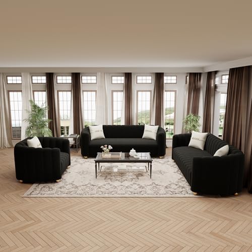3-Piece Black Velvet Tufted Sofa Set by yunqishiHOME