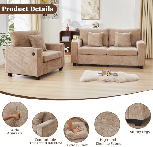 2 Seater Couch with Accent Chair Modern Chenille Sofa Set - Image 5