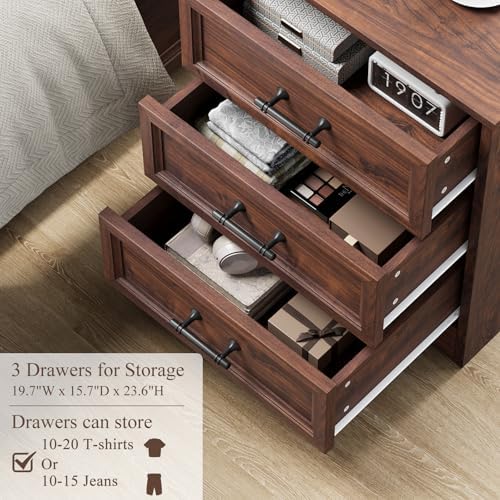 YANSNWO Walnut Nightstand with Charging Station, 19.7" 3-Drawer End Table - Image 6