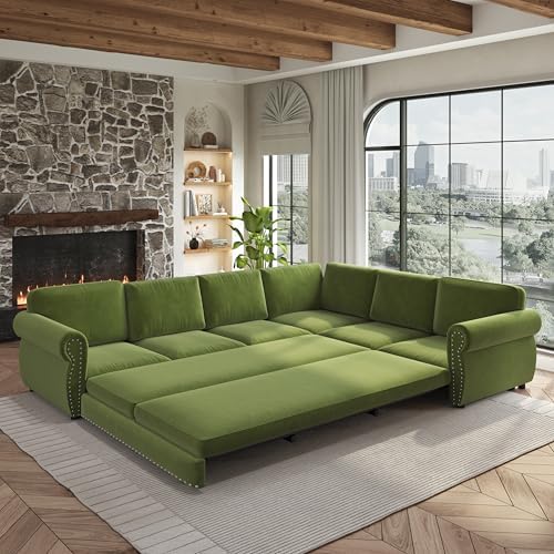 118" Chenille L-Shaped Pull-Out Chesterfield Sleeper Sofa, Grass Green by Unknown