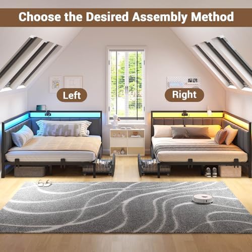 Hasuit Corner Bed Frame with Storage Drawers, Full Daybed with Line Fabric - Image 3