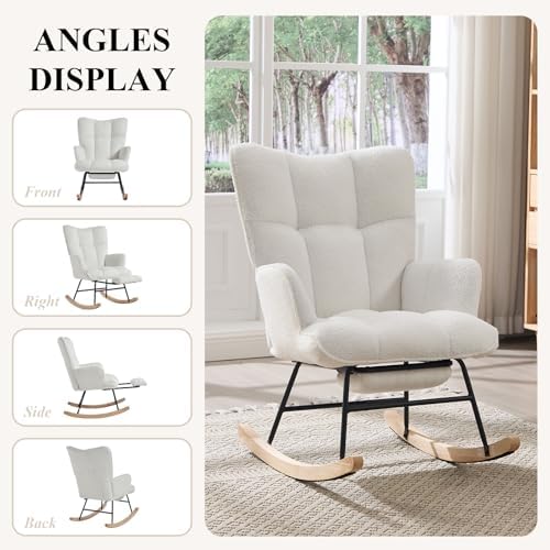 Nursery Rocking Chair with Footrest, Teddy Upholstered Glider Rocker with Side - Image 6