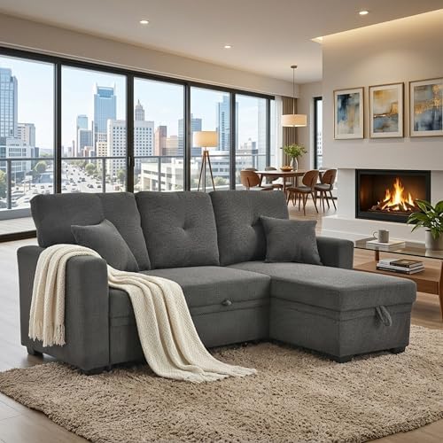 L Shaped Sectional Couch with Storage and Pull Out Bed, 3 Seater Sleeper Sofas by LITVZ