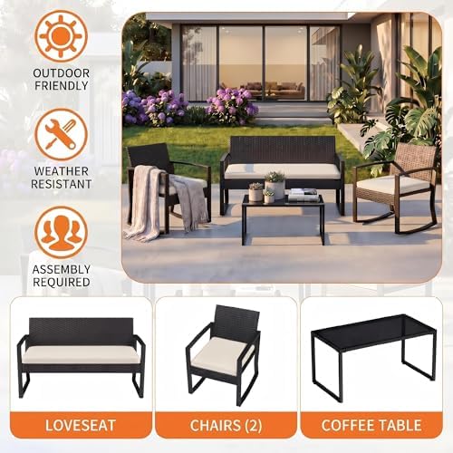 IDEALHOUSE 4 Piece Outside Patio Furniture Set, Outdoor Wicker Rocking Chair - Image 5