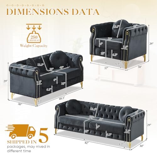 3 Pieces Mid Century Modern Chesterfield Sofa Set, Upholstered Button Tufted - Image 2