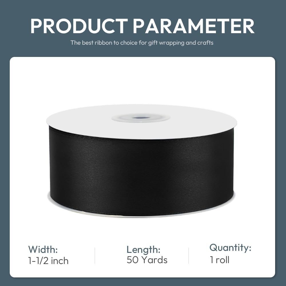 KMER LIFE 1-1/2" Wide x 50 Yards Black Single Faced Polyester Satin Ribbon, Black Satin Ribbon Perfect for Wedding Decor, Wreath, Crafts, Gift Wrapping & Other Projects (Black)
