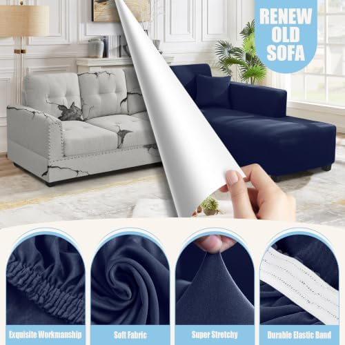 KinCam Sectional Couch Covers Stretch L Shape Sofa Covers, Dark Blue - Image 2