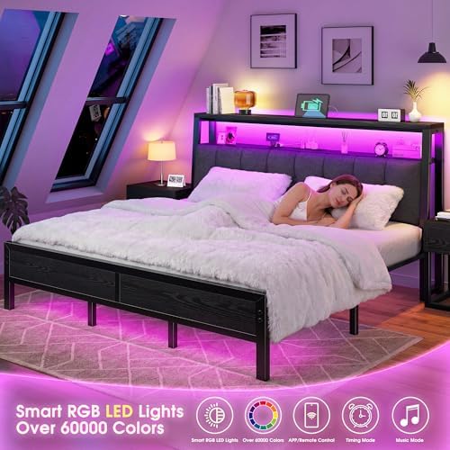 Homkdom King Bed Frame Upholstered Headboard, Charging Station - Image 5