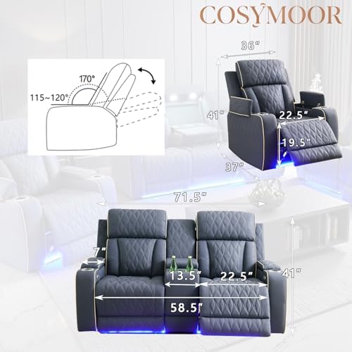 Power Reclining Loveseat with LED Light, Sandad Leather Sectional Loveseat and - Image 2