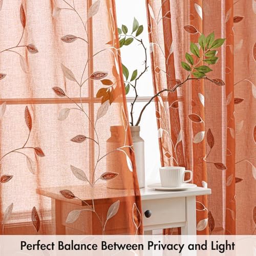 MIULEE Terracotta Sheer Fall Leaf Curtains Burnt Orange 2 Panels 52"x96" - Image 5