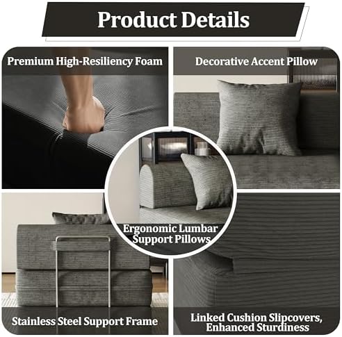 31.5'' Convertible Compressed Corduroy Folding Cloud Sofa Bed, Modern Boneless - Image 4