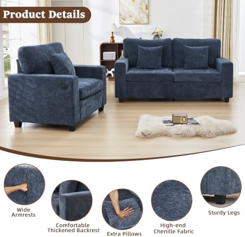 2 Seater Accent Couch with Chair Modern Chenille Sofa Set - Image 5