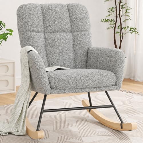 Nursery Rocking Chair Teddy, Upholstered Glider Rocker, Light Grey by AYEASY