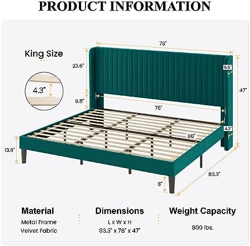 SHA CERLIN King Size Velvet Bed Frame, Tufted Wingback Headboard - Image 2
