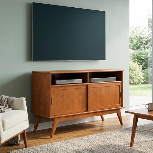 SIMPLIHOME Draper 54" Wide Solid Wood TV Stand in Teak Brown - Image 2