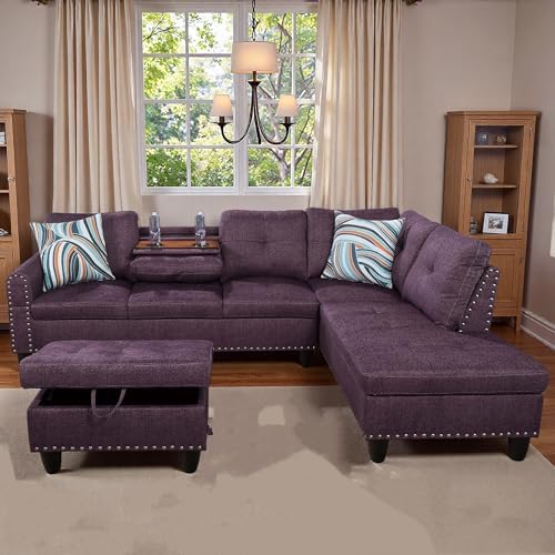 L-Shaped Couch Set, 97.5" L x 69.5" W Sectional Sofas Linen Purple by Topcomfy