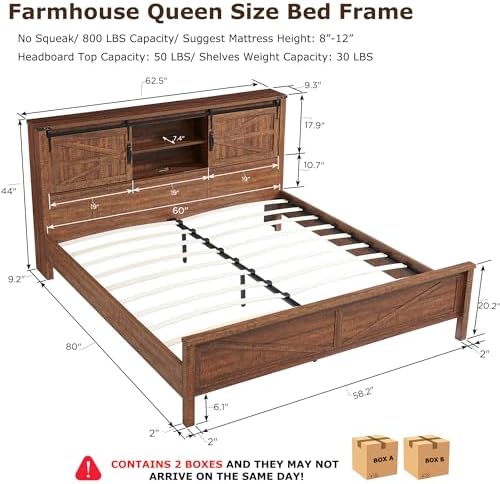 T4TREAM Farmhouse Queen Size Bed Frame w/Storage Bookcase Headboard, Sliding - Image 2