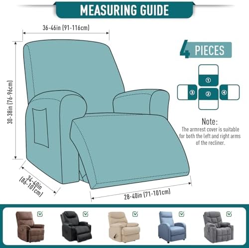 TAOCOCO Oversized Stretch Recliner Chair Covers 4 Piece, Peacock Blue - Image 4