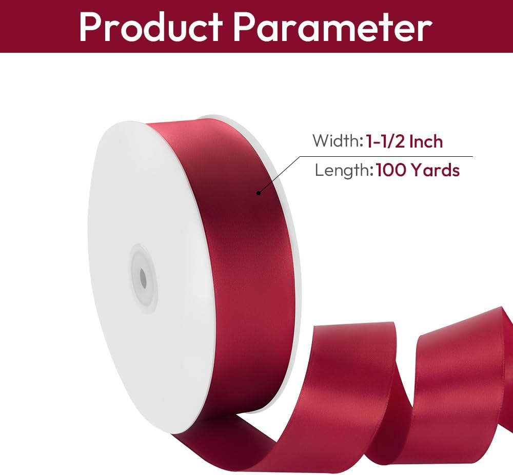 1-1/2" Width x 100 Yards Satin Ribbon, Scarlet Ribbon Perfect for DIY Craft, Bows, Gift Wrapping, Flower Bouquet, Valentine's Day, Christmas and Party Decoration