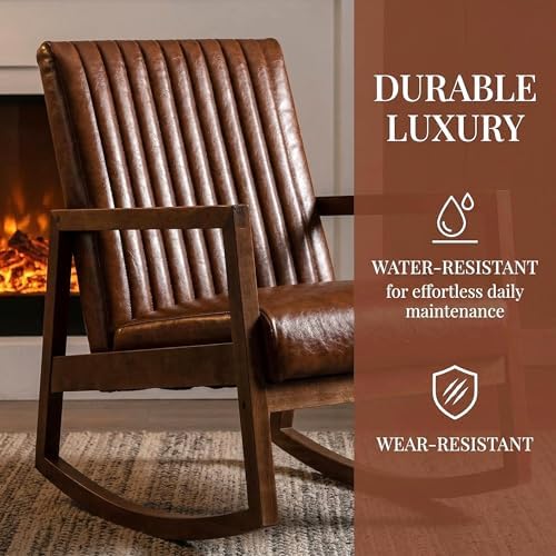 VESCASA Brown Leather Rocking Chair Set of 2 Mid-Century Modern - Image 3