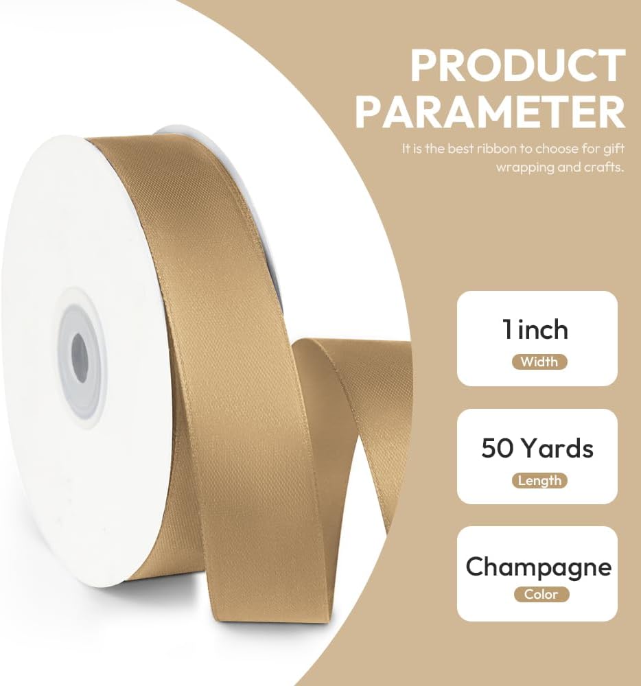 1" x 50 Yards Satin Ribbon - Champagne Gold Silk Ribbon with Spool - Ideal for Gift Wrapping, Floral Bouquets, Crafts, Wedding Party Decorations, Christmas and Sewing Projects