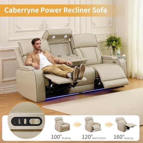 Power Recliner Sofa with LED Lights, Leather Reclining Couch with Double - Image 4