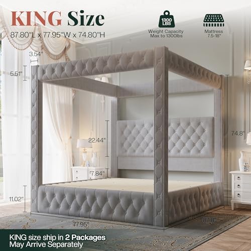 Jocisland King Canopy Bed Frame Velvet Upholstered Headboard - Image 2