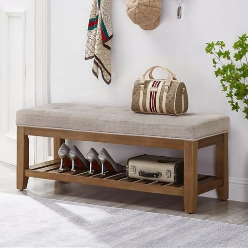 24KF Large Rectangular Upholstered Tufted Linen Fabric Ottoman Bench, Padded - Image 3