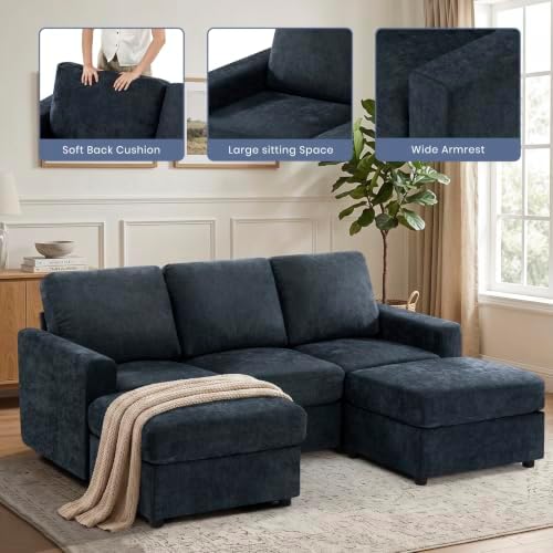 84” Chenille 3-Seater Sofa W/Two Movable Ottomans - Image 4
