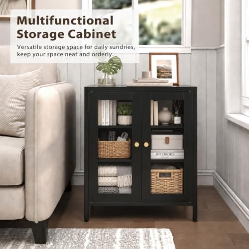 Black Metal Bathroom Glass Storage Cabinet, 2 Doors - Image 3