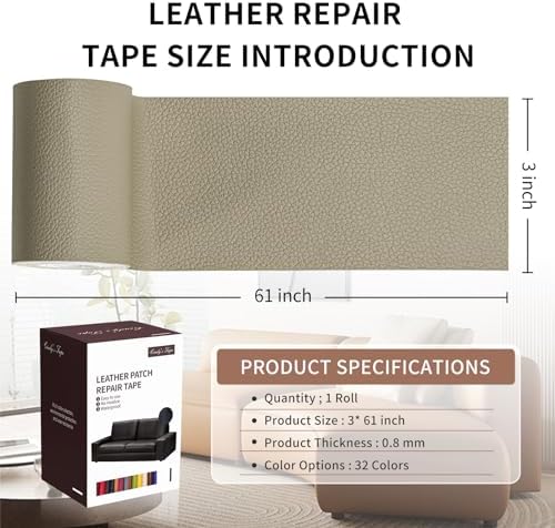 Leather Repair Patch Tape, Medium Grey Beige 3 x 61 Inches Self Adhesive - Image 2