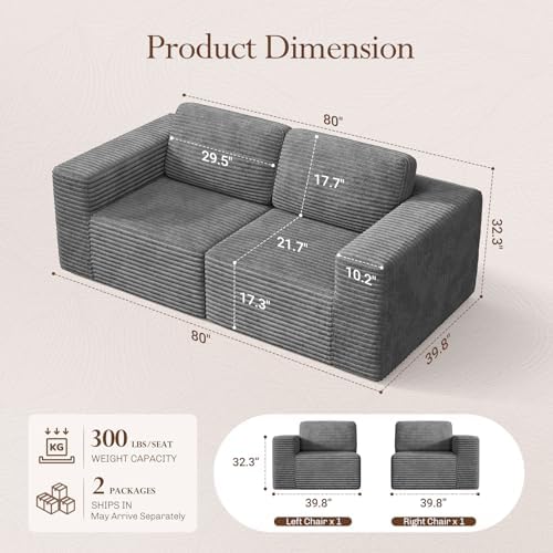 Vesgantti 80" Modular Sectional Sofa, Corduroy Cloud Couch - Image 2