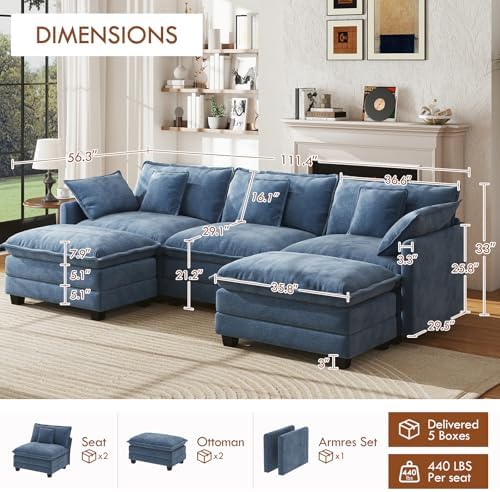 WorthFurni 111.4" Modular Sectional Sofa, U Shape Cloud Couch - Image 2
