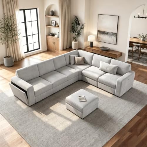 Vesgantti Modular 6-Seater Chenille L Shaped Sectional Sofa, Light Grey by Vesgantti