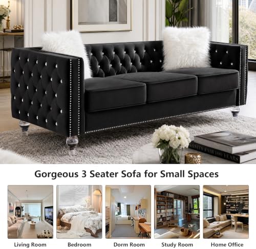 Aoowow Chesterfield 3 Seater Sofa Diamond Button Tufted, Modern Velvet Black 3 - Image 7