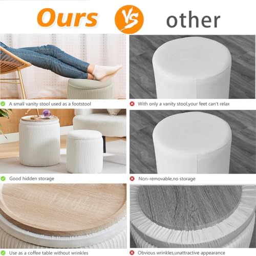 BLEXA Round Ottoman with Storage Set of 2-White Velvet Vanity Stool - Image 5