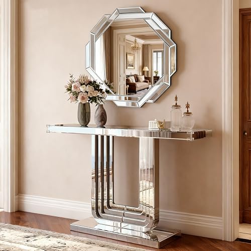 U-Shaped Silver Mirrored Console Table and Wall Mirror Set, 2 Piece Silver - Image 3