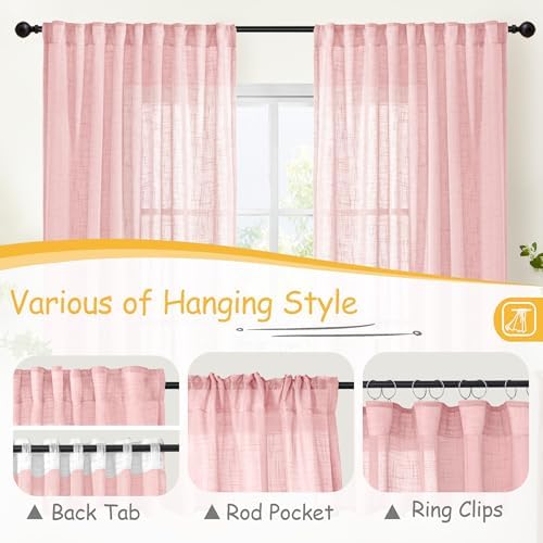 Light Pink Linen Semi Sheer Curtains 63 Inch Length - Image 6