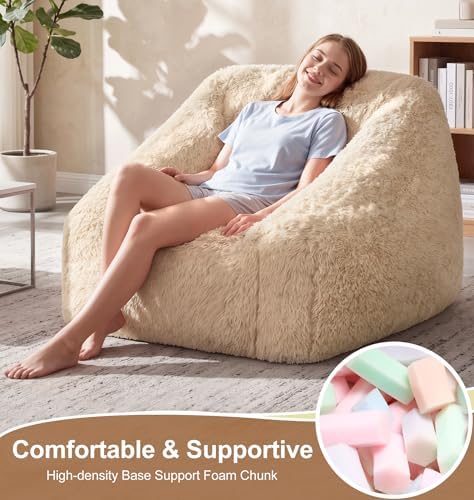 Hobestluk Bean Bag Chair Plush Accent Chair Armrest Living Room Adult Beige - Image 5