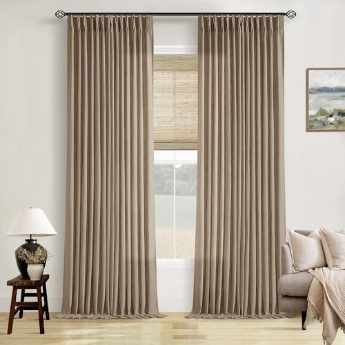 Pinch Pleat Semi Sheer Light Brown Linen Living Room Curtains 90 Inch Long by TWODRAPES